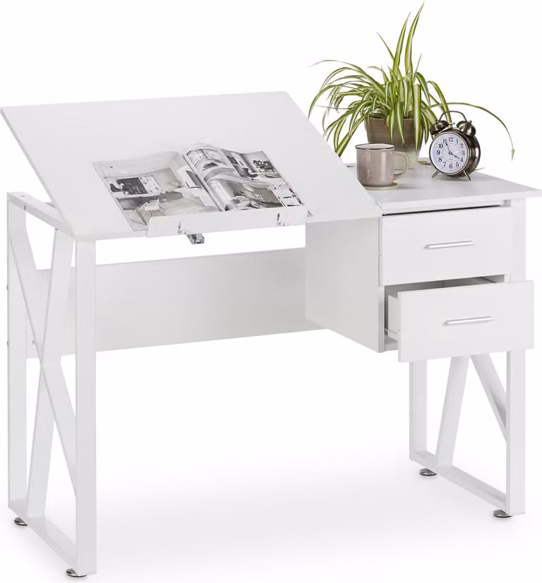 Scrivania reclinabile Relaxdays, piano di lavoro regolabile, tavolino per laptop o tavolo da disegno, HBT 75x110x55 cm, bianco