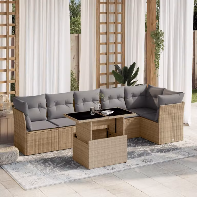 vidaXL Set Divani da Giardino 7 Pezzi con Cuscini Beige e Tavolino in Polyrattan e Metallo