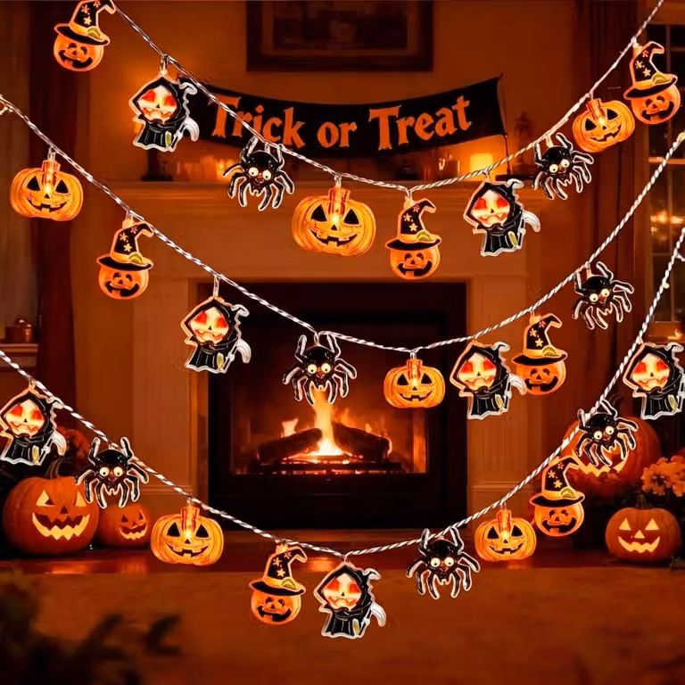 Catena luminosa a tema Halloween, 3 metri, 20 luci, con decorazioni di zucche e ragni