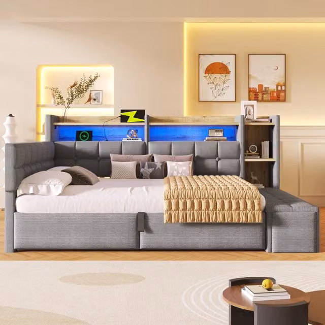 Daybed in velluto 140x200 cm con accumulo idraulico LED e USB-C - Grigio scuro