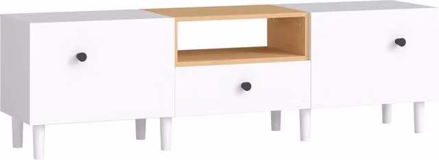 Mobile TV Giordanoshop per schermi fino a 70 pollici con 2 ante a ribalta, cassetto e scaffale aperto, Bianco e Legno, L 150 cm x P 35 cm x H 45 cm – 1