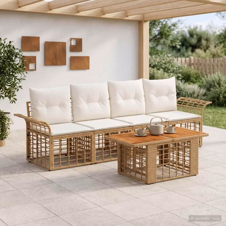 Set Divano da Giardino 5 Pezzi vidaXL in Polyrattan con Cuscini Imbottiti, Colore Naturale e Bianco Crema