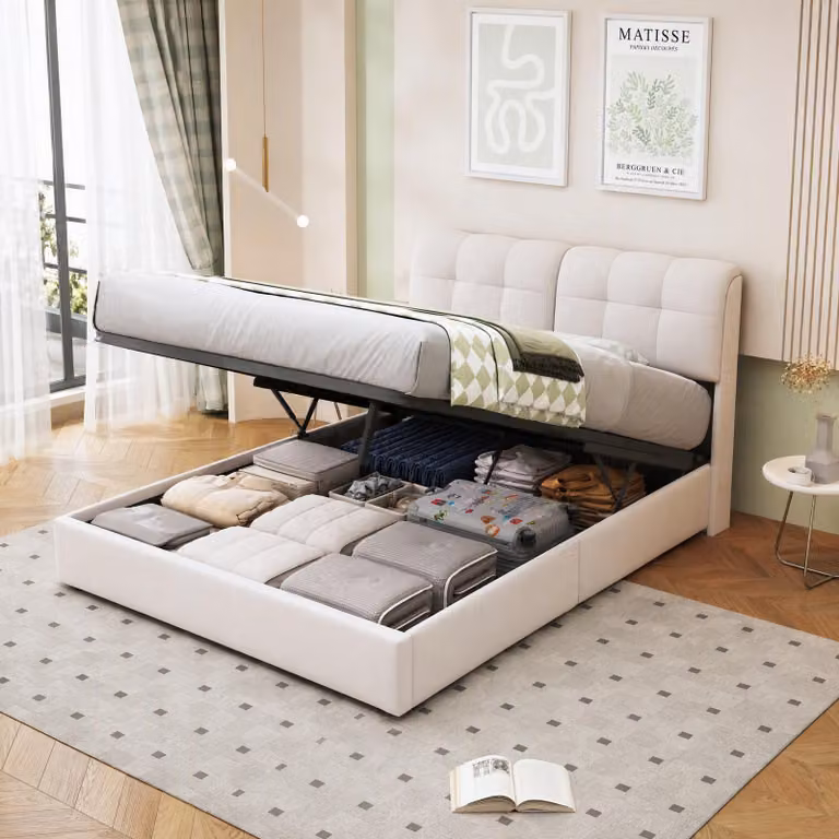 Letto imbottito UnboxG 160x200 cm, letto matrimoniale con LED, rete a doghe in metallo e vano contenitore con rete idraulica, letto a molle insacchettate, grigio