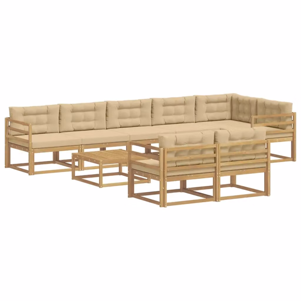 Set di divani da esterno a forma di U vidaXL in legno di acacia con tavolo da caffè e cuscini, Bianco e Beige – 2