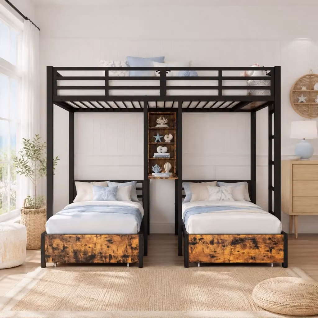 Letto a castello Mivray nero con cassetti e contenitore in metallo e MDF, L/P/H: 226 x 140 x 240 cm e 206 x 90 x 180 cm – 2
