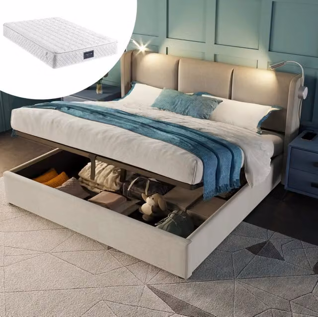 Letto matrimoniale imbottito 160x200 cm con contenitore; luce da lettura USB; beige