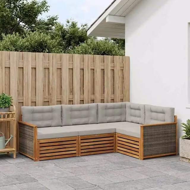 Set di divani da esterno vidaXL a forma di L in legno di acacia con cuscini beige e grigi – 1