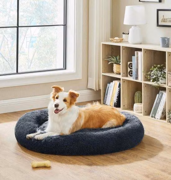 Cuccia per cani Famanu a forma di ciambella - in peluche, antiscivolo - 100x100x20 cm - grigio scuro