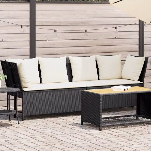 Divano da Giardino con Cuscini-Sofa da Giardino-Divano da esterno in Polyrattan Nero 490429