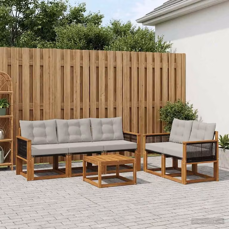 Set di divani da esterno vidaXL 6 pz in legno di acacia con tavolino e cuscini, colore beige e grigio