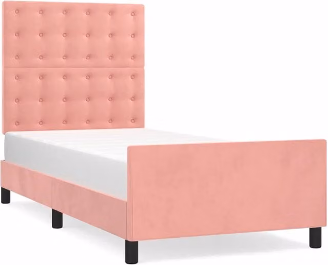 Letto singolo moderno con testiera imbottita in velluto rosa L 90 cm x P 193 cm x H 128 cm – 1