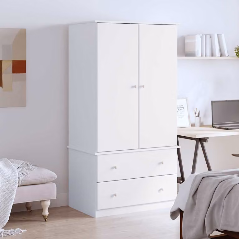 Armadio vidaXL in legno massello di pino bianco con cassetti integrati e appendiabiti L/P/H: 90 x 55 x 170 cm