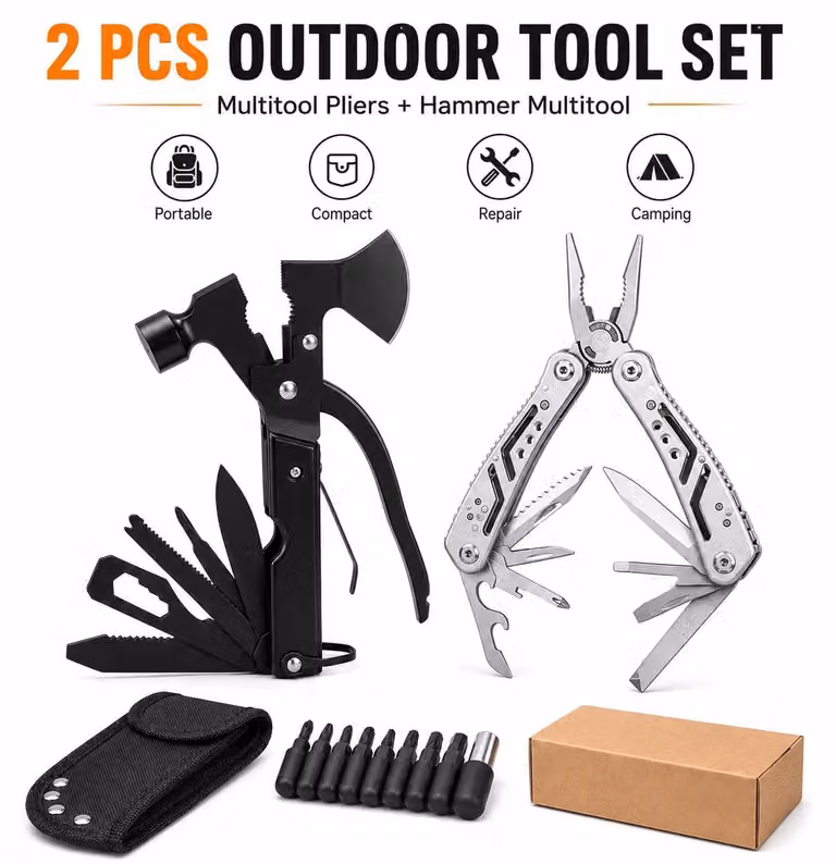 Set di utensili multifunzione - 2 pezzi - Utensile multifunzione con ascia e pinze - Set di punte per cacciavite - Acciaio inossidabile - Portatile - Ideale per il campeggio