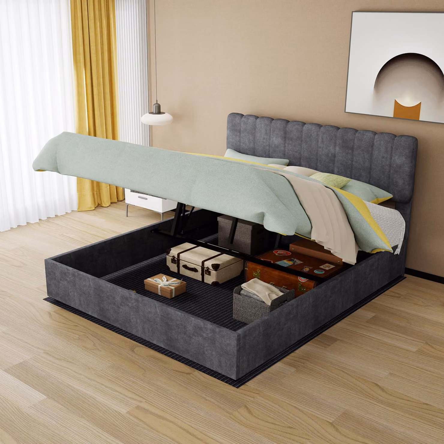 Letto imbottito 180x200 cm con spazio contenitore, base di ricarica e portabicchieri nascosto, struttura del letto con rete a doghe, colore grigio lino, ideale per la camera da letto