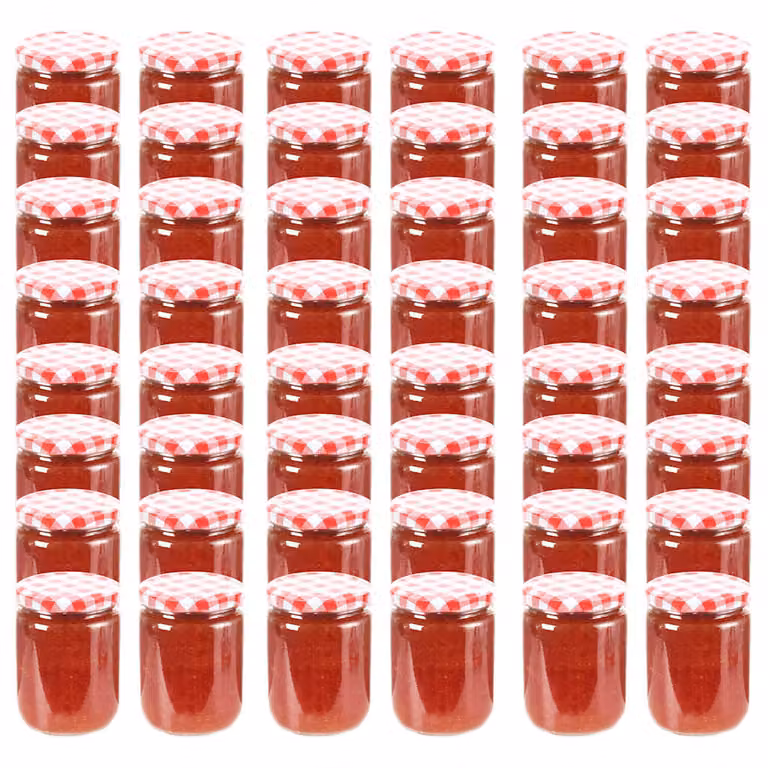 Set di 48 vasetti per marmellata vidaXL in vetro trasparente con coperchio bianco e rosso, capacità 230 ml