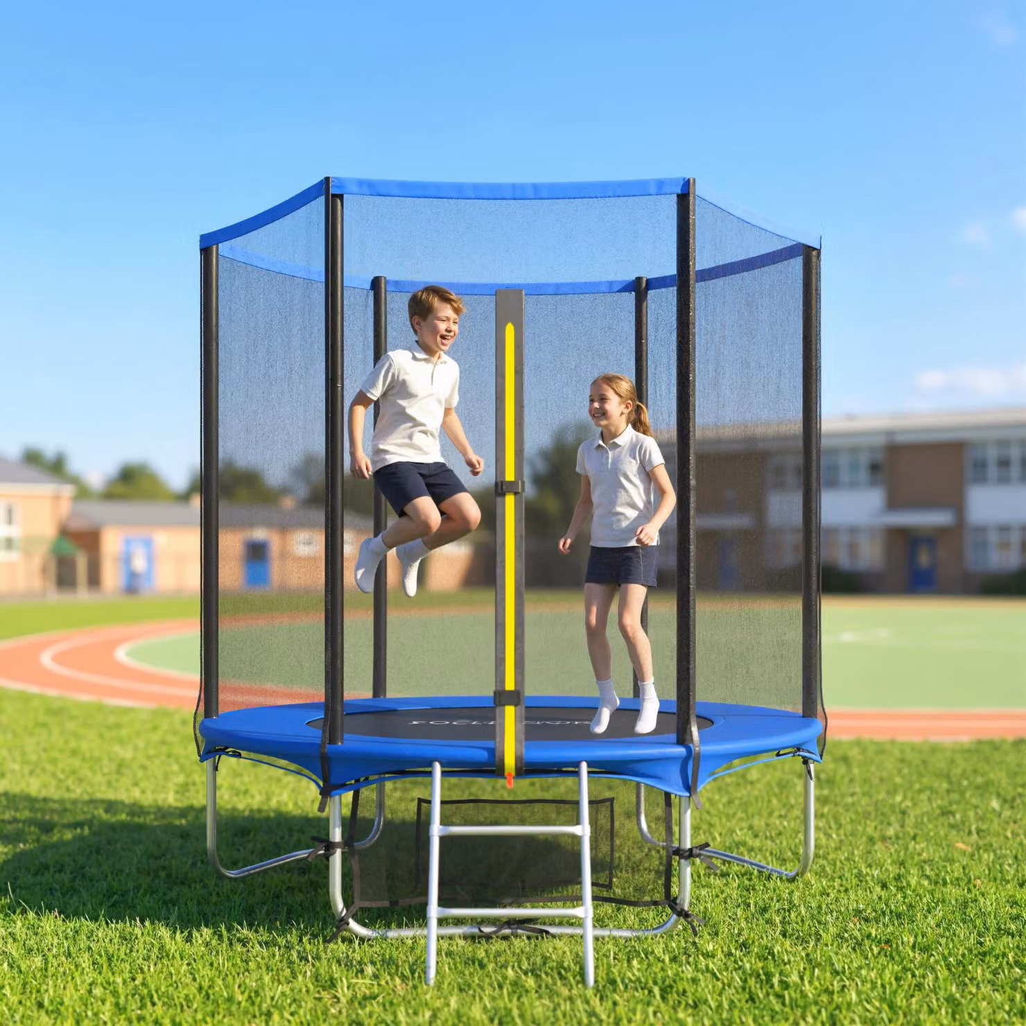Trampolino Elastico Esterno SPORTNOW con Rete di Sicurezza e Scala a 2 Gradini, Blu, Ø 183 cm – 2