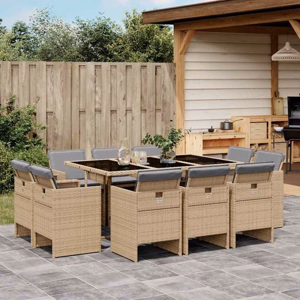 Set Pranzo da Giardino vidaXL in Polyrattan con Cuscini Beige, Nero e Grigio, 11 Pezzi con Tavolo in Vetro – 1