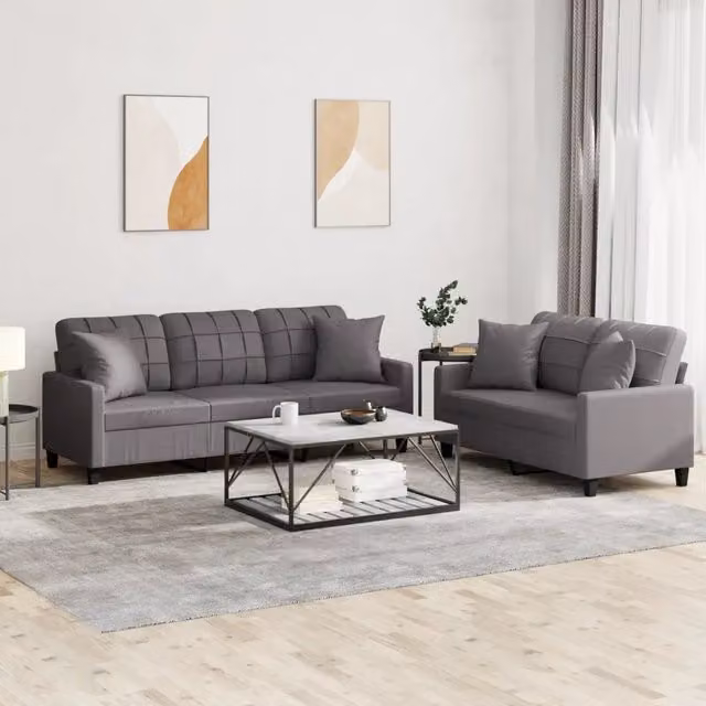 vidaXL Set di Divani 2 pz Moderno in Similpelle Grigio con Cuscini e Braccioli – 1