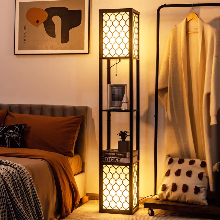 Costway Lampada da terra moderna con scaffale in legno e metallo, Doppia lampada con 2 ripiani e interruttore a pedale, Colore Bianco