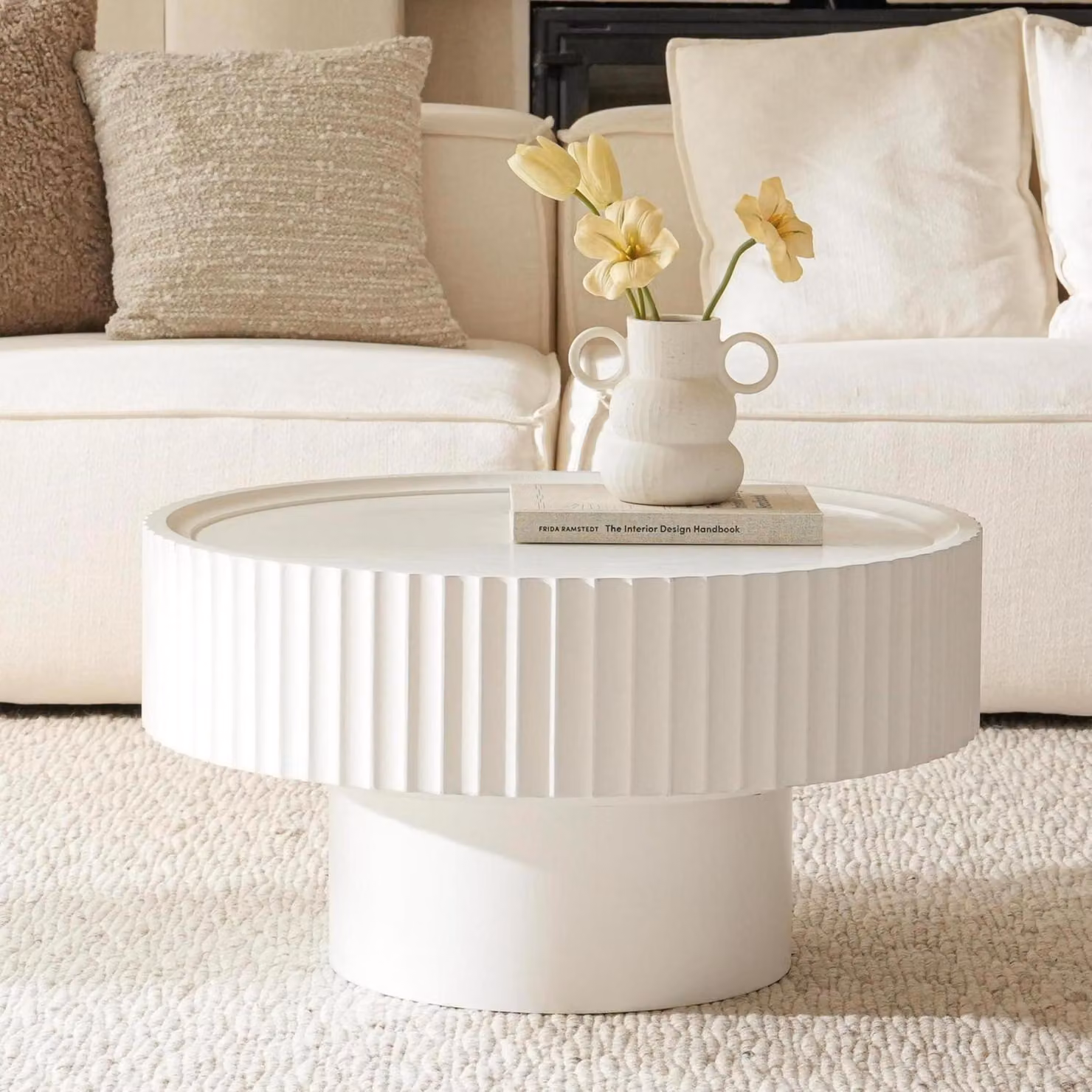 Tavolino da caffè rotondo in legno bianco, forma a fungo, 70x38 cm, impiallacciatura in MDF
