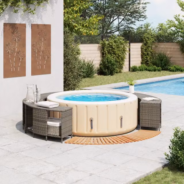 Bordo per Spa vidaXL in Polyrattan Grigio e Legno di Acacia Oliato