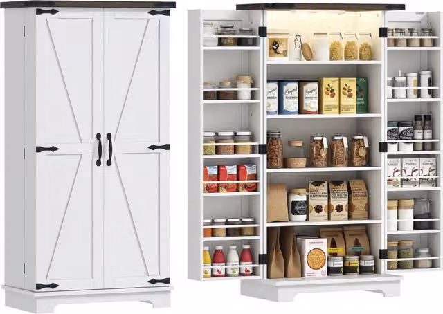 Mobile dispensa credenza da cucina con 12 ripiani e luce LED magnetica regolabile, stile rustico, 60 x 40 x 120 cm, bianco