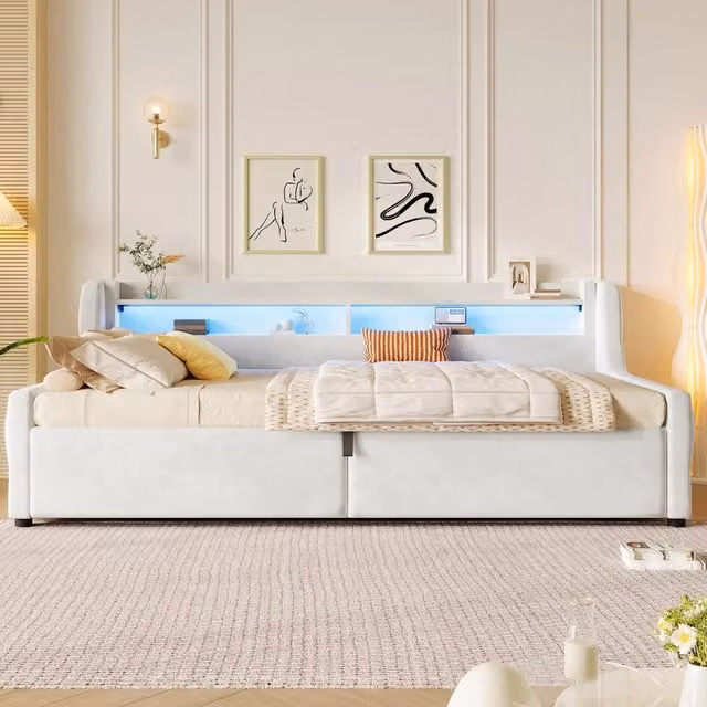 Letto singolo 90x200 con contenitore; apertura idraulica; testiera LED e rivestimento in velluto beige