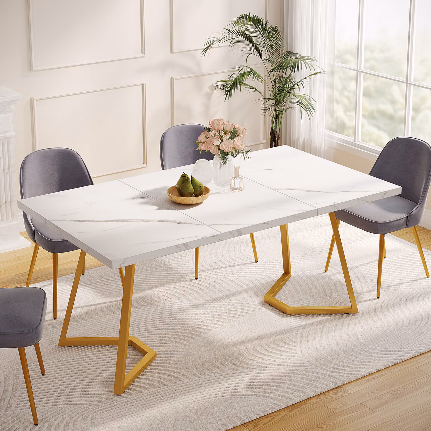 Tribesigns Tavolo da pranzo moderno dorato: 140 cm, tavolo da pranzo bianco con gambe in metallo, marmo artificiale, piccolo tavolo da cucina per sala da pranzo per 6 persone