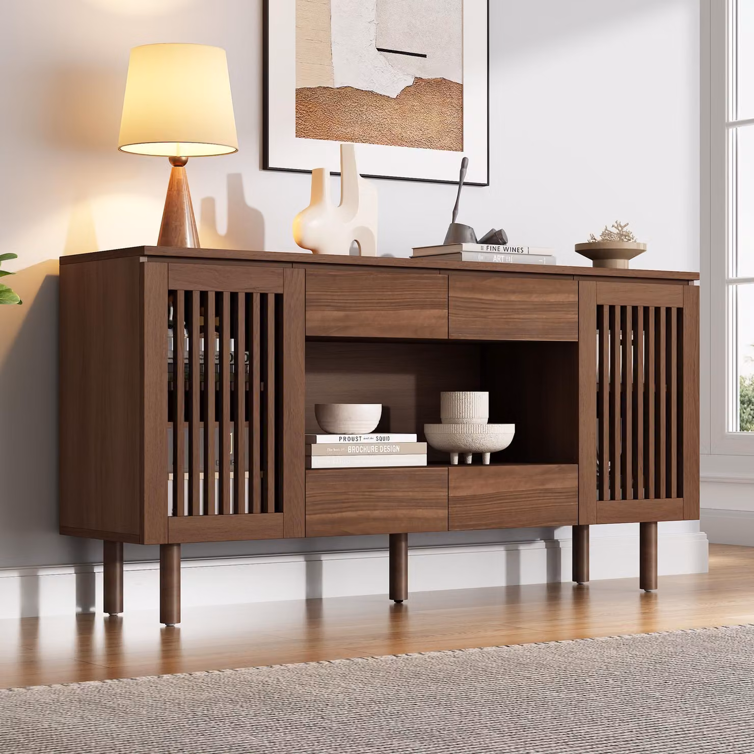 Mobile contenitore STILVORA con 4 cassetti e 2 ante a listelli, mobiletto con 5 gambe in legno massello, armadio contenitore in MDF, finitura noce