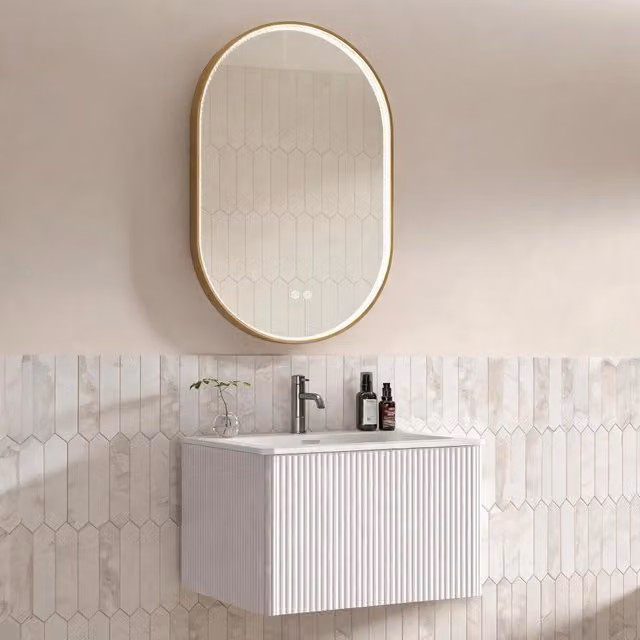 Mobile sottolavabo sospeso con lavabo integrato e specchio LED regolabile con cassetto per bagno bianco in MDF