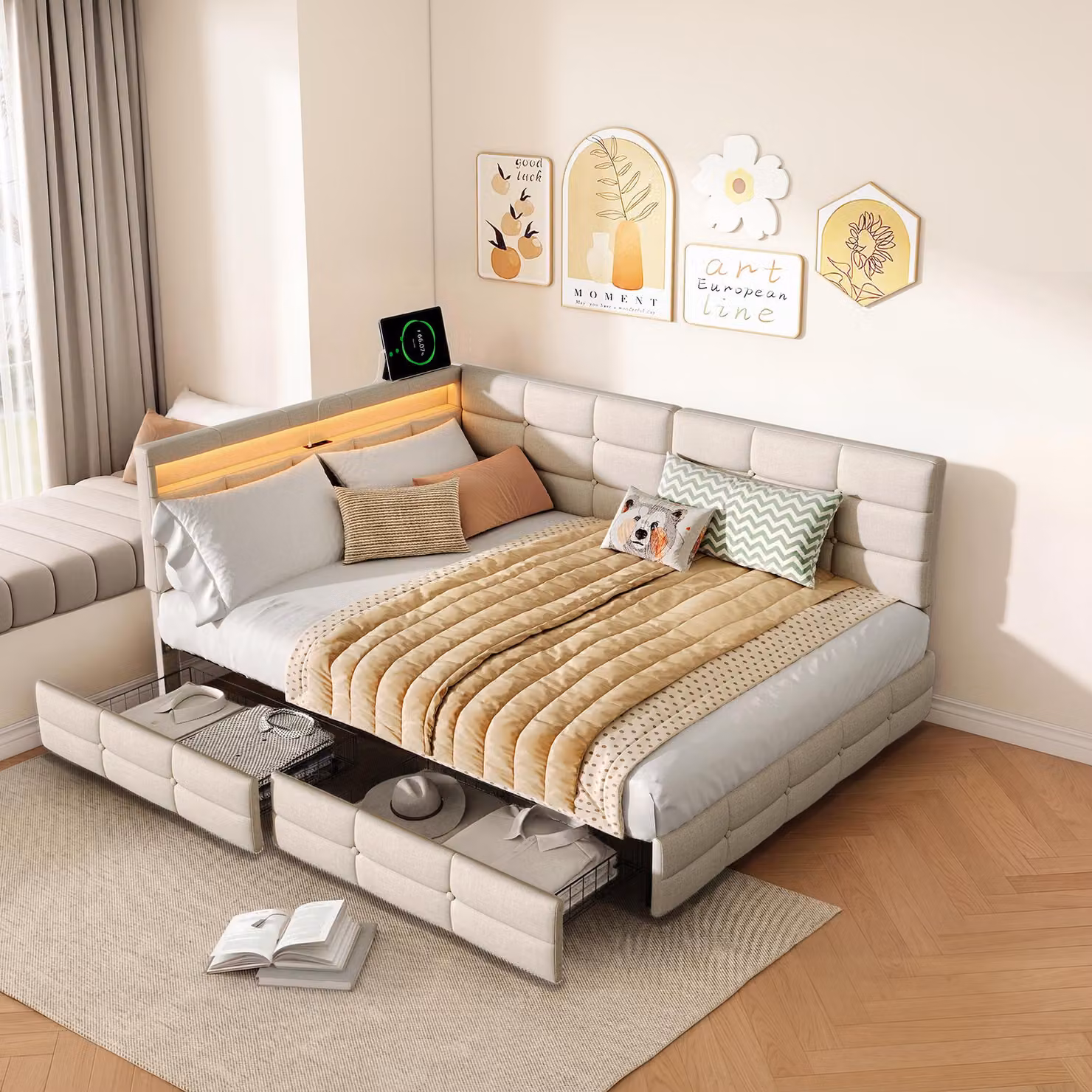 Letto imbottito ProximaX 140x200 cm, tessuto in lino beige, testiera a L, illuminazione a LED, presa USB, cassetti ai piedi del letto