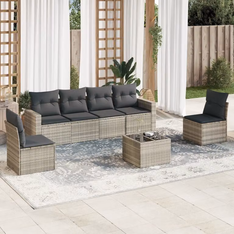 Set da giardino vidaXL composto da 7 pezzi in polyrattan con cuscini grigi e tavolino da esterno
