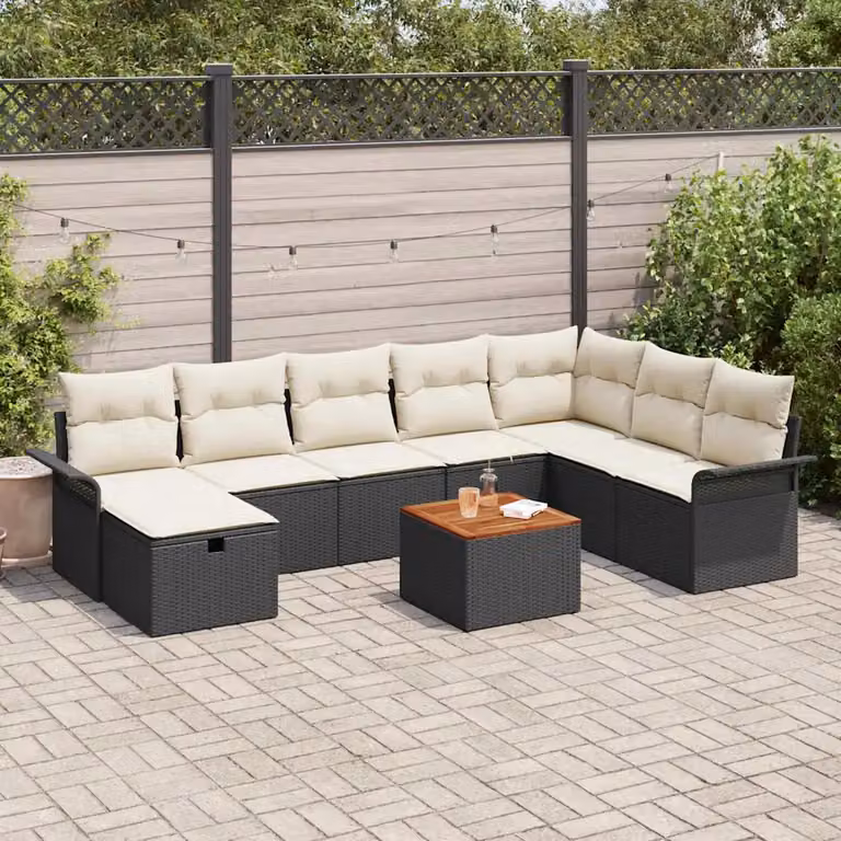Set Divano da Giardino vidaXL 9 Pezzi Nero con Cuscini e Tavolino in Polyrattan e Acciaio