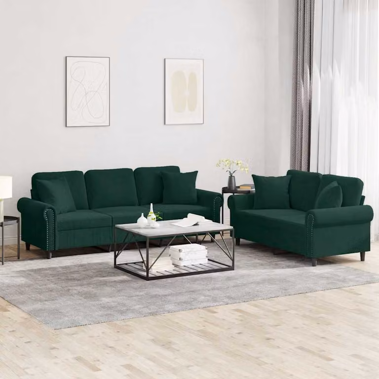 Set di 2 Divani vidaXL in Velluto Verde con Cuscini per Soggiorno Moderno