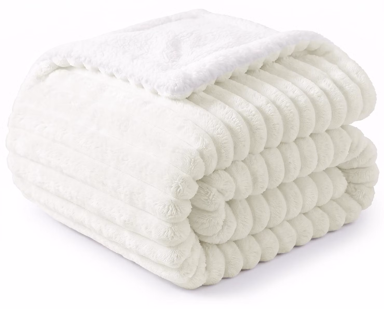 Coperta in pile sherpa, reversibile, 230x270 cm, color crema, con cordoncino