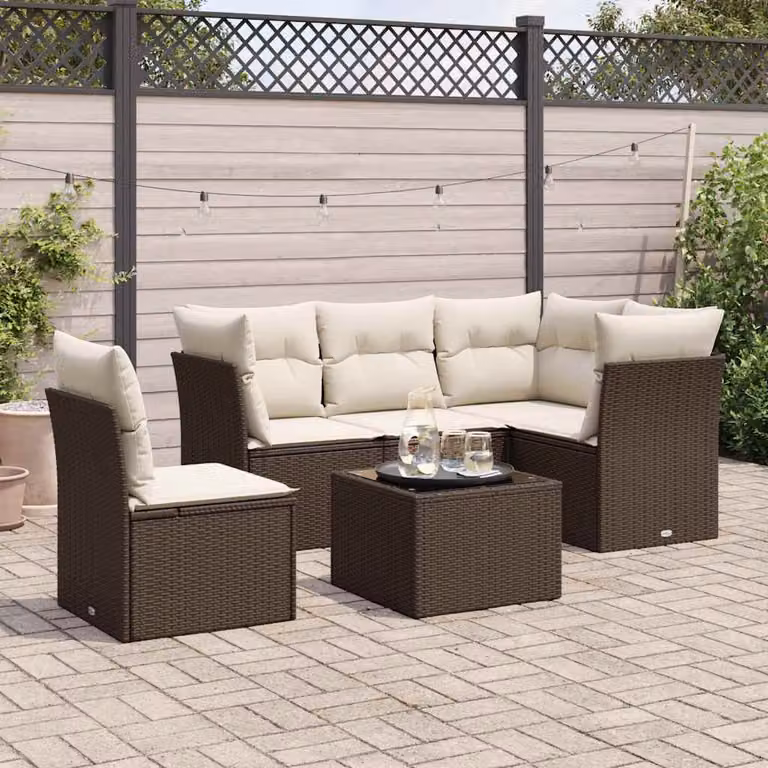 vidaXL Set Divano da Giardino a L 6 pz con Tavolino e Pouf Marrone e Bianco in Polyrattan con Cuscini Imbottiti e Coperture Rimovibili