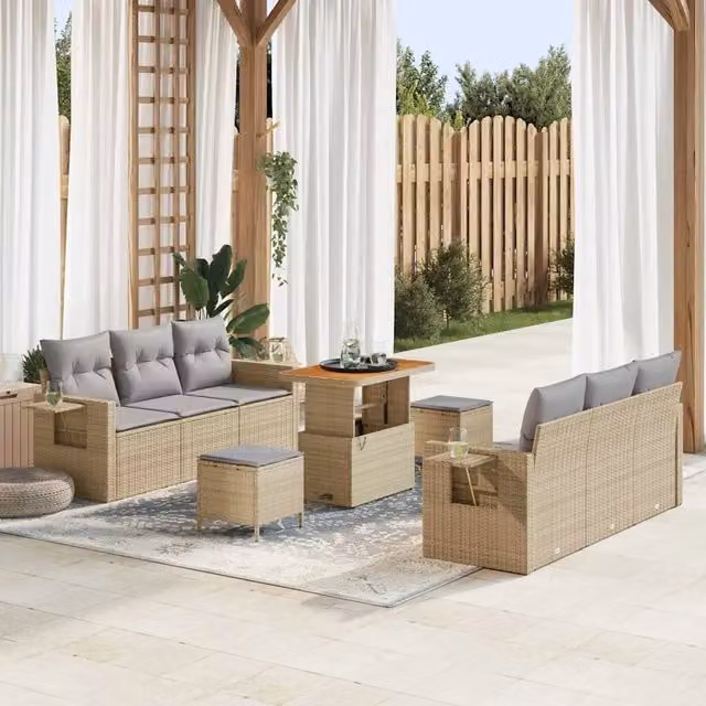 Set da giardino moderno vidaXL composto da divano a 3 posti, pouf e tavolino da caffè in rattan beige con struttura in acciaio e legno di acacia e cuscini inclusi – 1