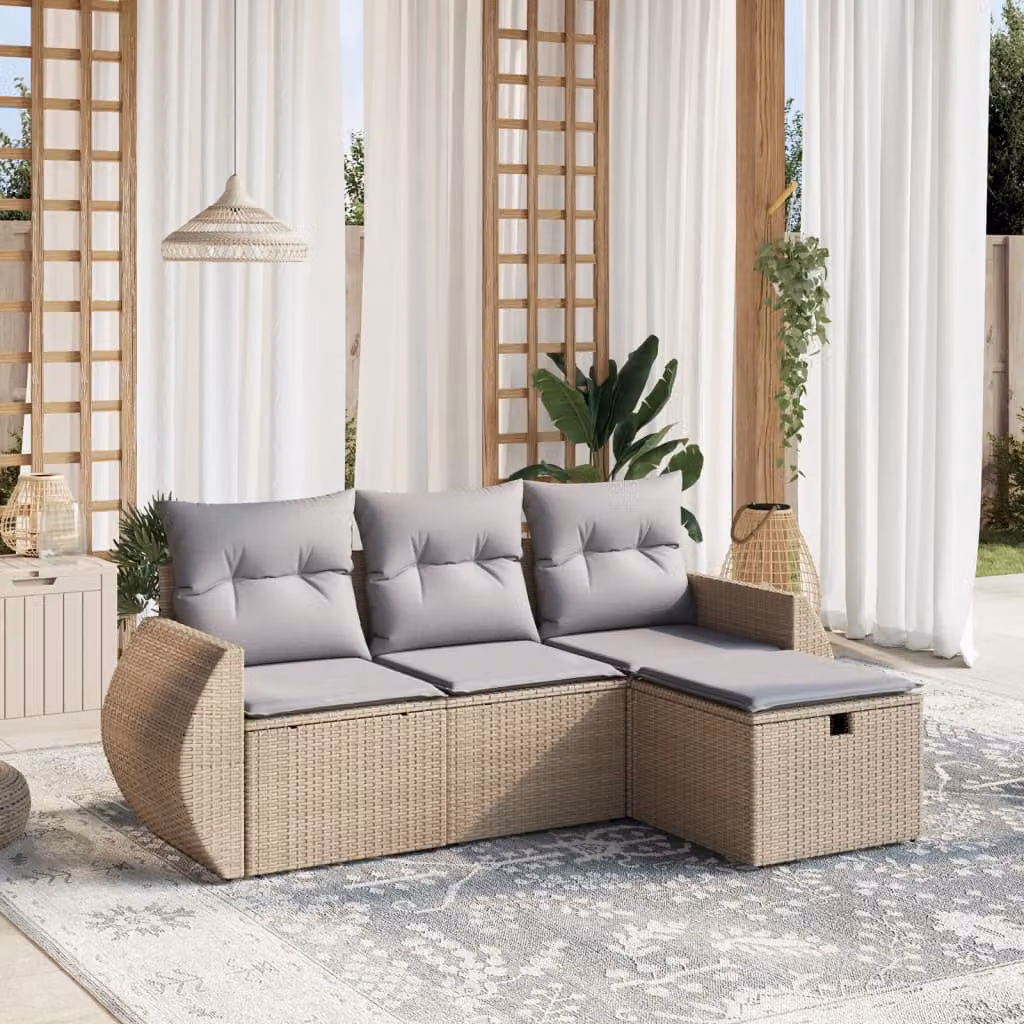 Set Divano da Giardino L-Shape vidaXL a 4 Pezzi con Cuscini Beige e Grigio in Polyrattan e Acciaio – 1