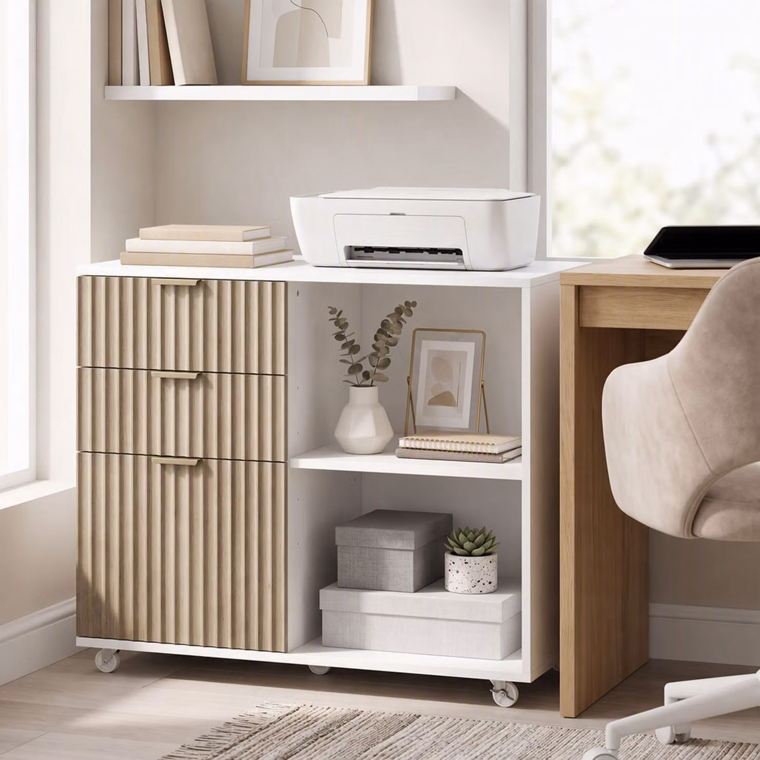Supporto per stampante HOMCOM con ruote, 3 cassetti e 2 ripiani, Bianco Rovere, L: 80 cm, P: 40 cm, H: 68 cm – 2