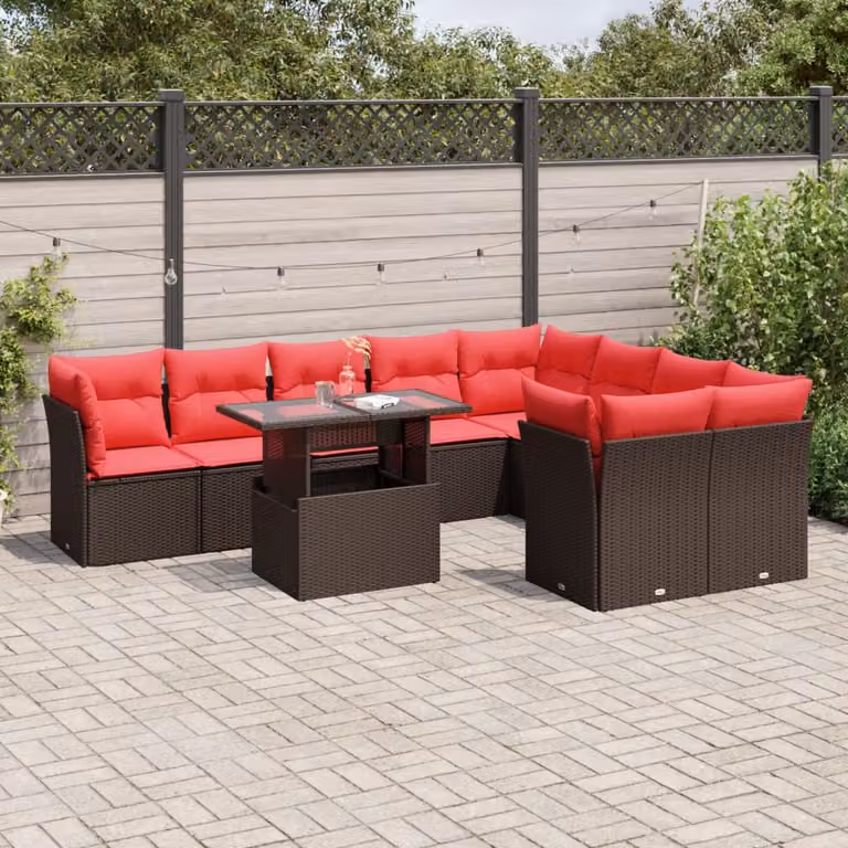 Set da giardino vidaXL composto da 10 pezzi con divani a L, tavolino da caffè e cuscini, colore marrone e rosso in rattan e metallo