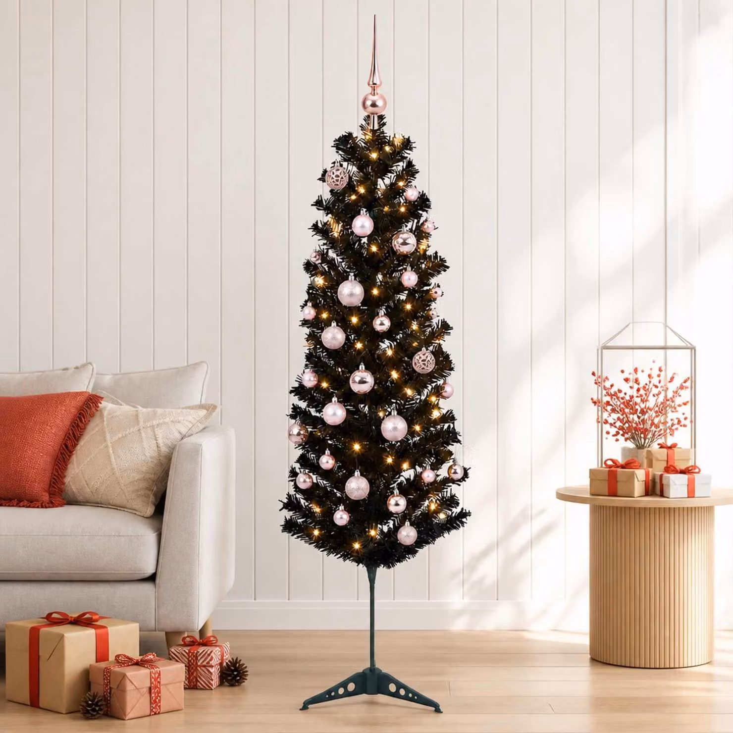 Albero di Natale artificiale, sottile, con decorazioni a forma di pallina, altezza 150 cm