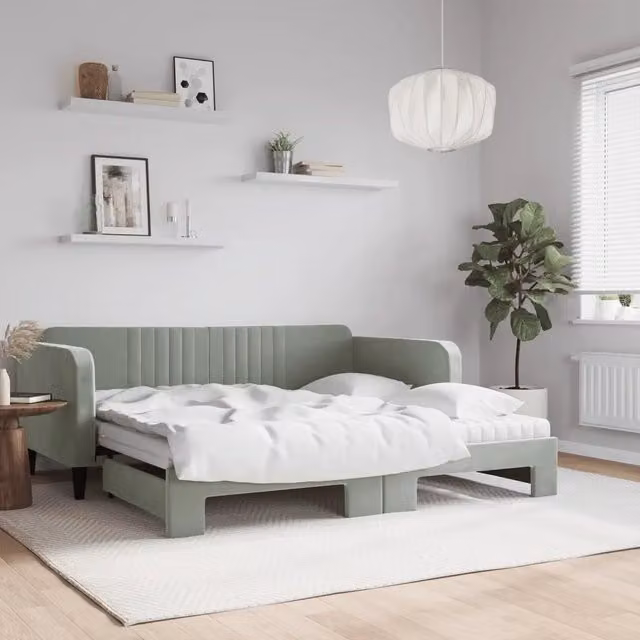 Divano Letto Estraibile vidaXL in Velluto Grigio con Cassetto per Soggiorno e Camera da Letto L/P/H: 90 x 190 cm – 1
