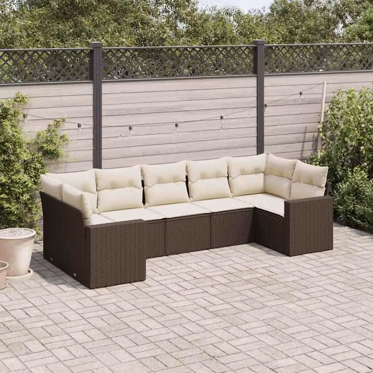 vidaXL Set Divani da Giardino 7 pz a Forma a L con Cuscini Marroni e Bianchi in Polyrattan e Metallo