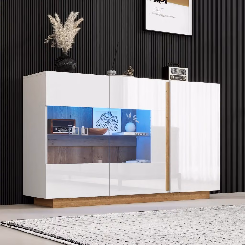 Credenza moderna bianca lucida con ante in vetro e illuminazione LED RGB L/P/H: 138,0 x 38,5 x 90,5 cm – 2