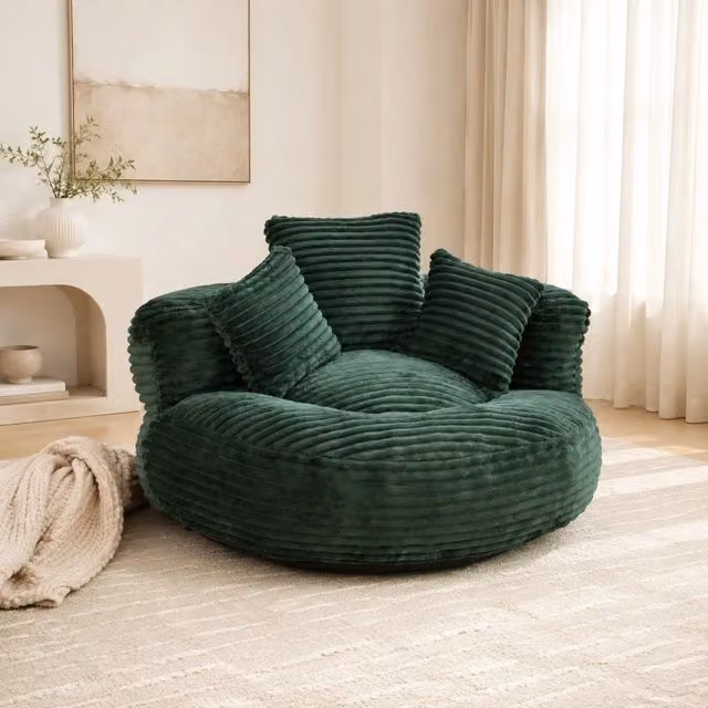 Poltrona a sacco per adulti in velluto a coste; schienale alto e braccioli; 108 x 108 x 52 cm; verde smeraldo