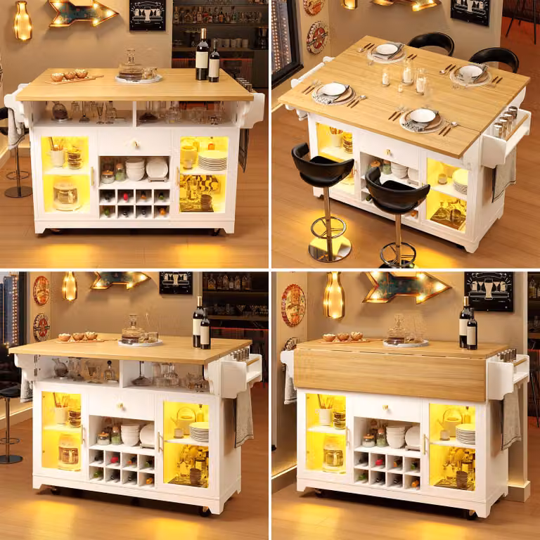 Carrello di servizio con illuminazione a LED RGB, piano d'appoggio pieghevole su entrambi i lati, ripiani regolabili, portabottiglie per vino e ruote, colore bianco, dimensioni 120 x 80 x 95 cm