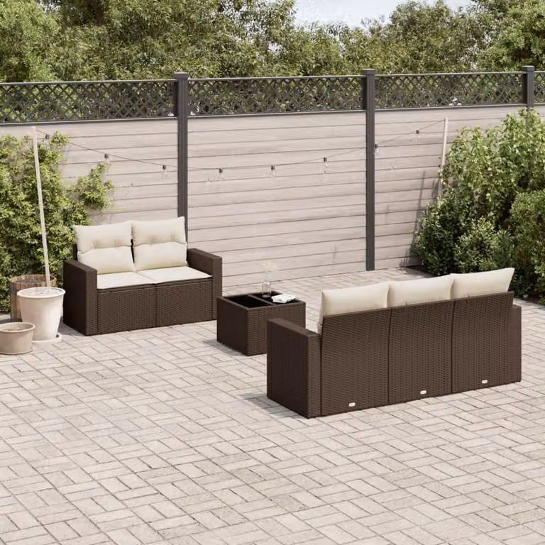 vidaXL Set Divano da Giardino 6 pz a L in Polyrattan Marrone con Cuscini Bianchi e Tavolino