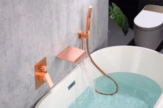WEBO Deluxe miscelatore da incasso per vasca con doccetta, rame, design a cascata, comando a 2 pulsanti