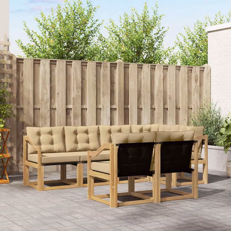 Set di divani da esterno vidaXL 7 pz in legno di acacia con cuscini Bianco e Beige