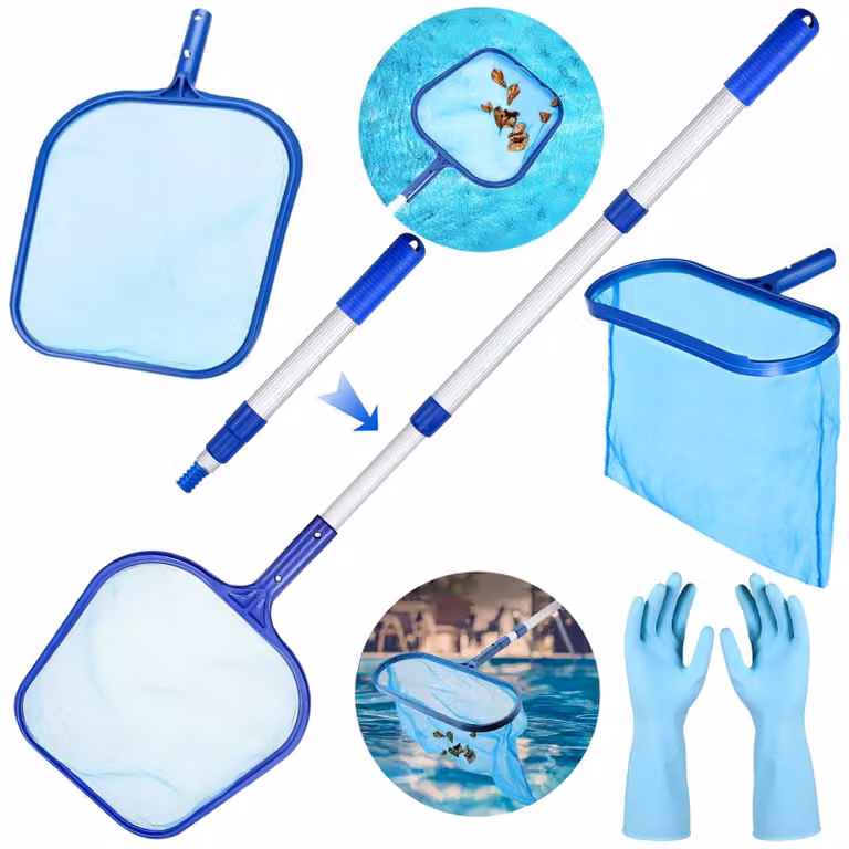 Retino per piscina - Rete profonda con asta telescopica - Alluminio - Con guanti in gomma